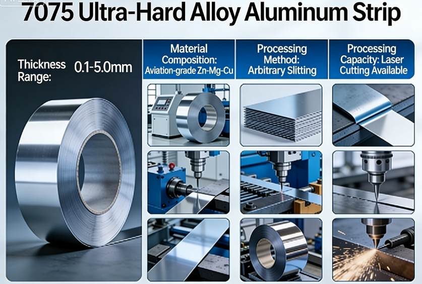 7075 Ultra-Hard Alloy Aluminum Strip | 0.1–5.0mm | Aerospace-Grade Zn-Mg-Cu Composition(图1) 7075 Ultra-Hard Alloy Aluminum Strip | 0.1–5.0mm | Aerospace-Grade Zn-Mg-Cu Composition(图1)